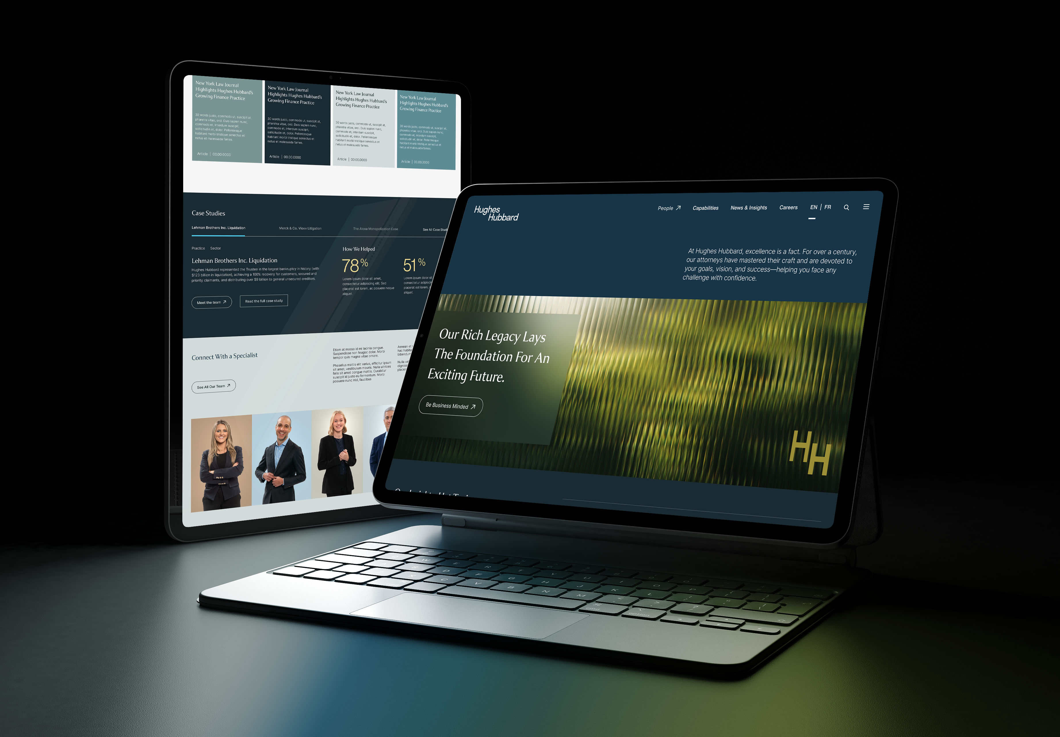 Hughes Hubbard visual identity – website home page UI